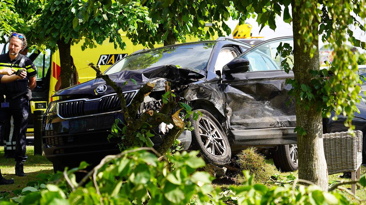 Veel schade na botsing, auto ramt boom in voortuin.