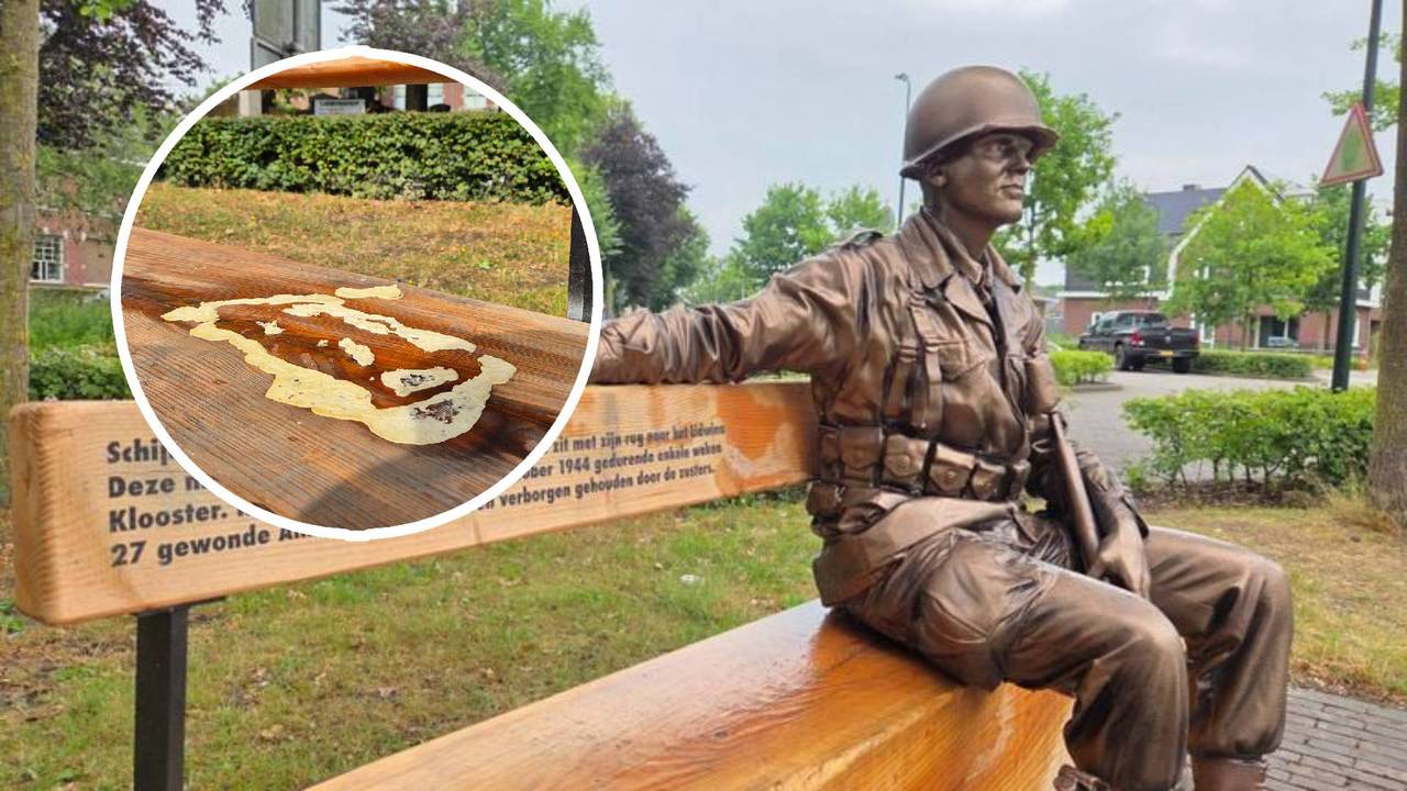 Links: alleen de lijmresten zijn nog over, rechts: een eerder foto van het beeld (Foto: Omroep Brabant.)