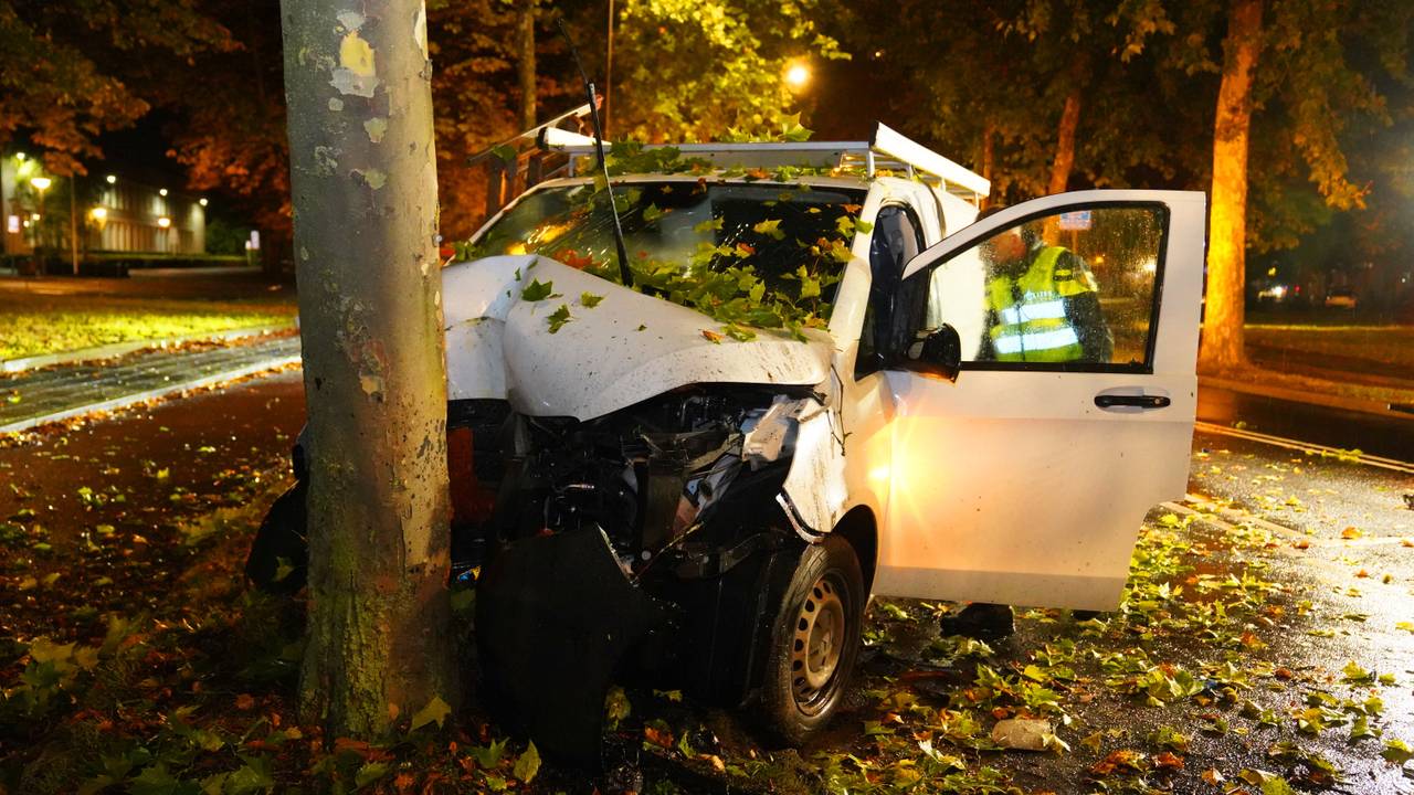 Bestuurder van busje zwaargewond bij botsing tegen boom.