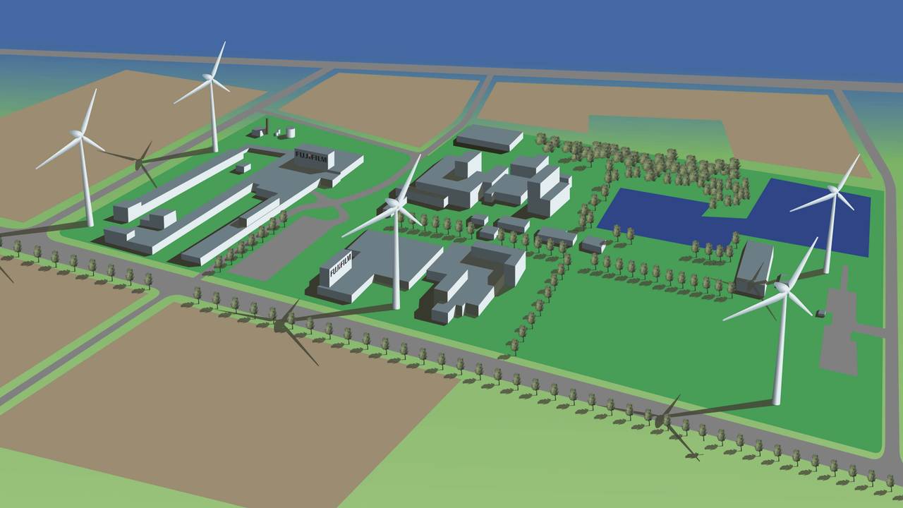 Tekening van hoe 't windpark eruit komt te zien.