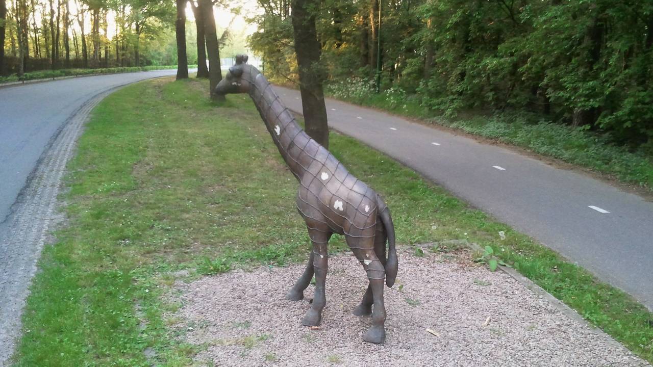 De bronzen giraffe in Overloon (foto: John Boers)