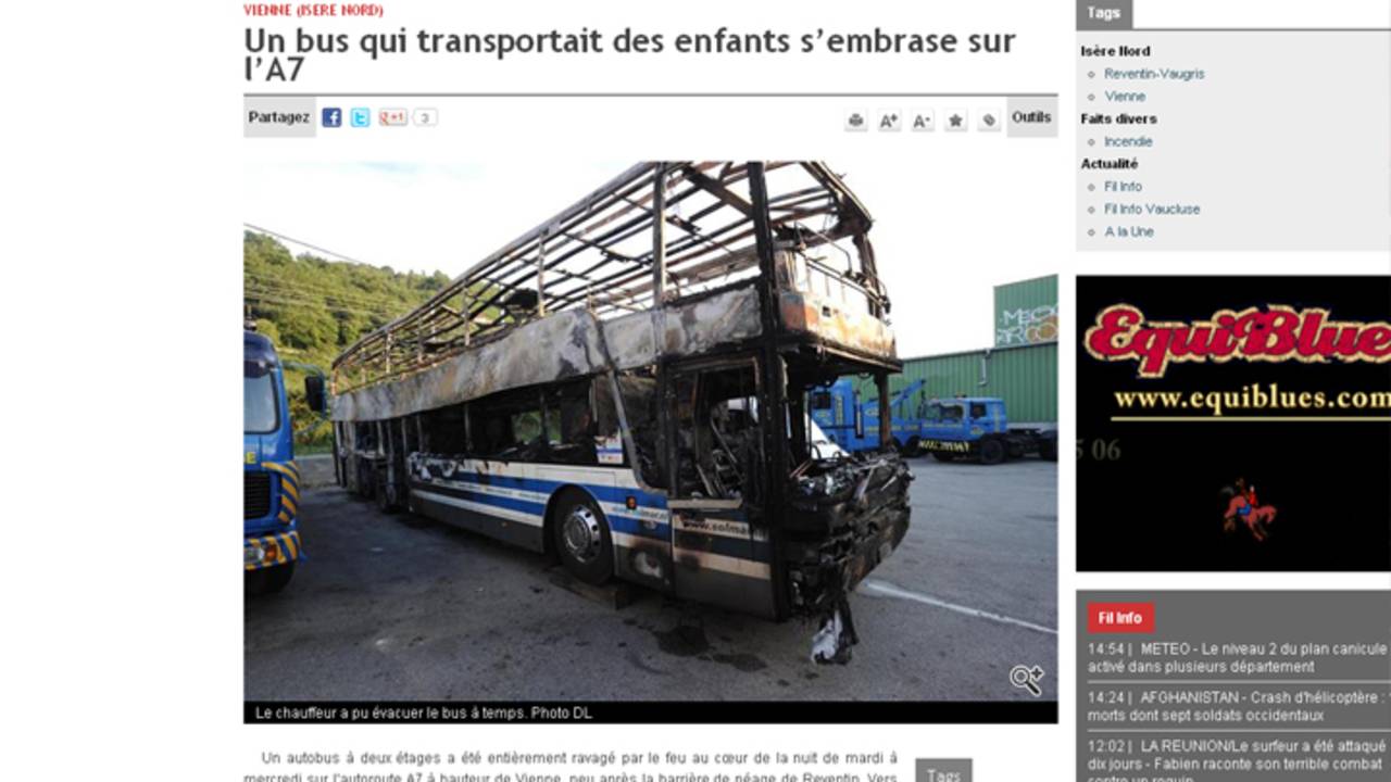 Bus Solmar Tours brandde helemaal uit (bron: www.ledauphine.com)