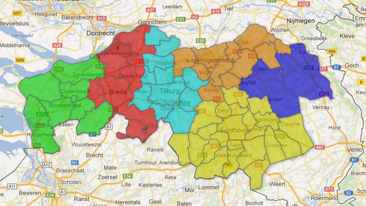 Brabant opgedeeld in zes gemeenten.