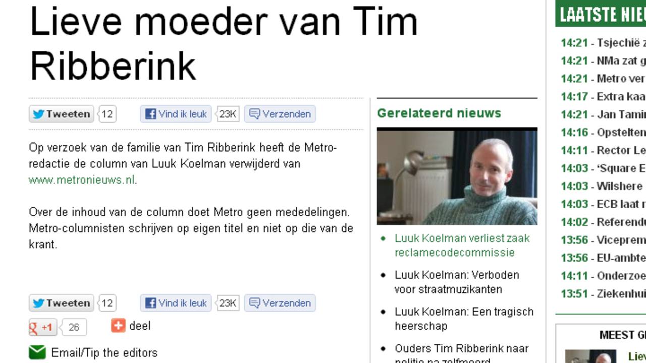 De column die vorig jaar is geschreven in Metro.