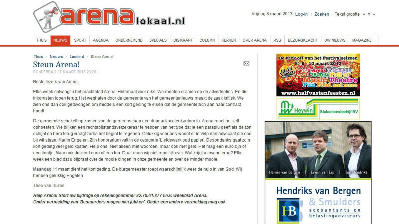 De website van lokale krant Arena