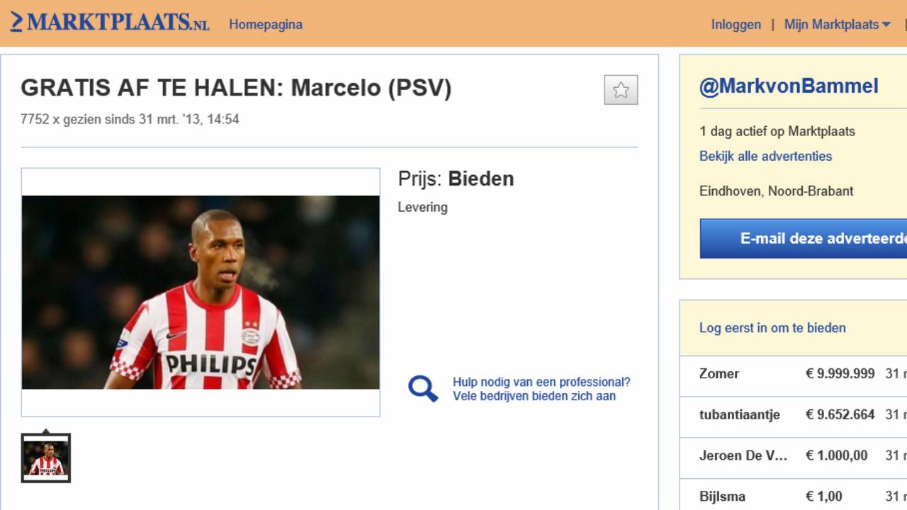 De verkoopadvertentie van PSV-verdediger Marcelo.