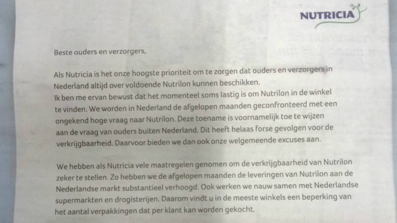 Een deel van de brief van Nutricia.