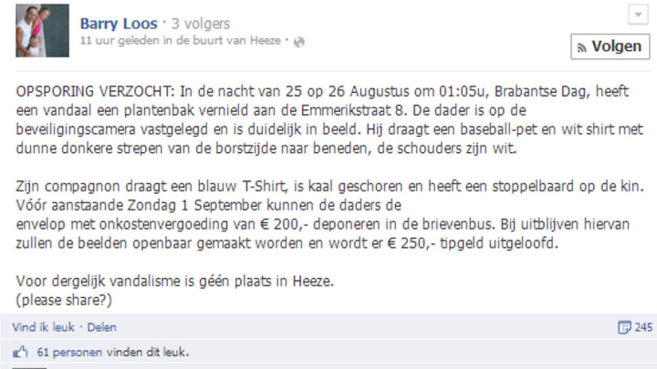De oproep op Facebook Aan de daders om zich te melden.