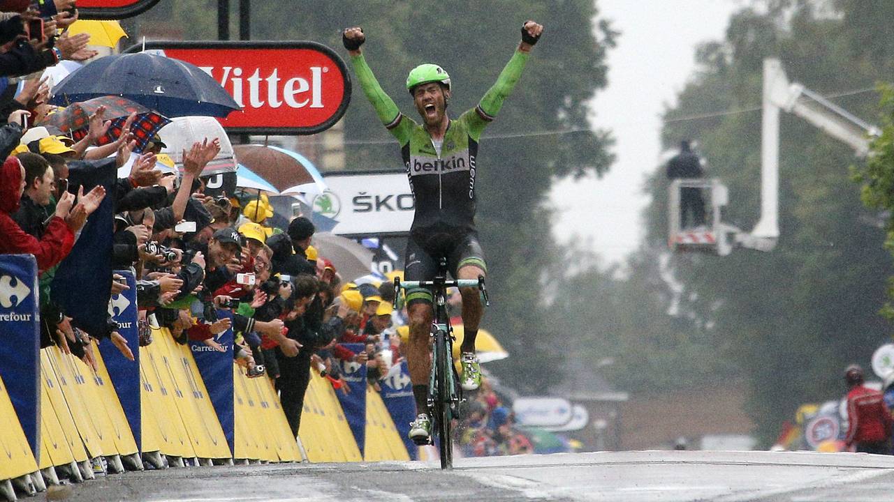 Lars Boom dolblij over de finish (foto: ANP)  
