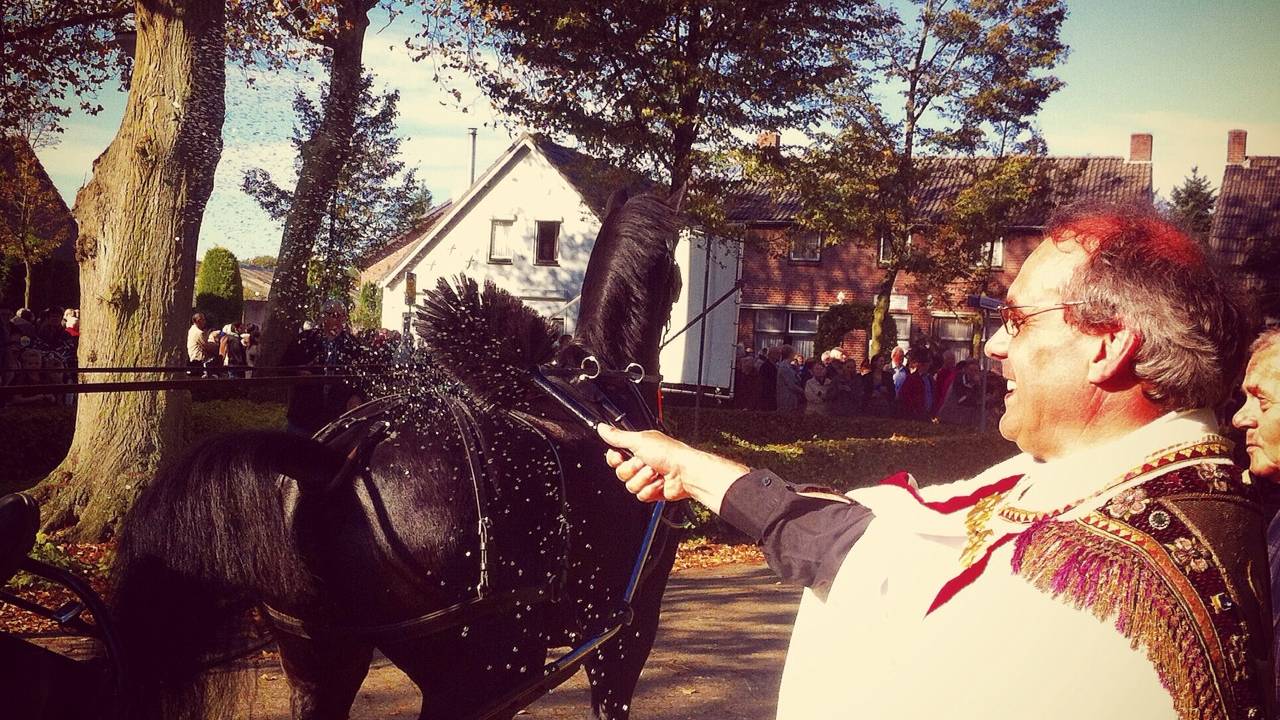 Pastoor Luc Buyens zegent paard en ruiter (Foto: René van Hoof)
