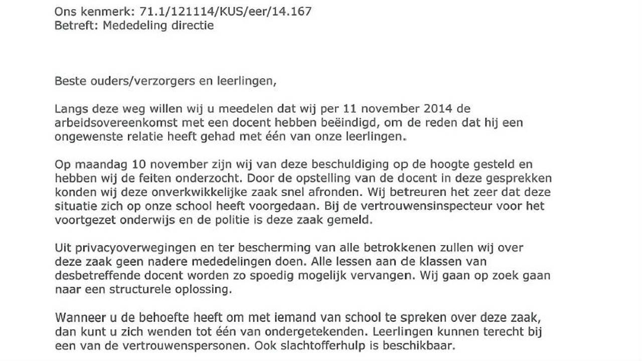 De brief van de school aan ouders