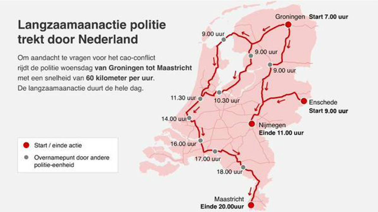 De route van de stoet politieauto's