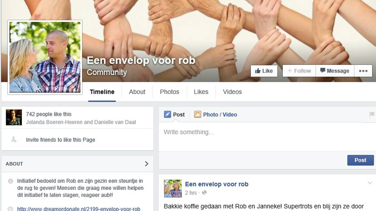 De actiepagina 'Envelop voor Rob' op Facebook