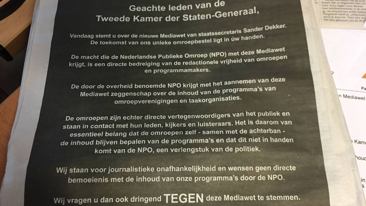 De advertentie tegen de nieuwe Mediawet in De Telegraaf
