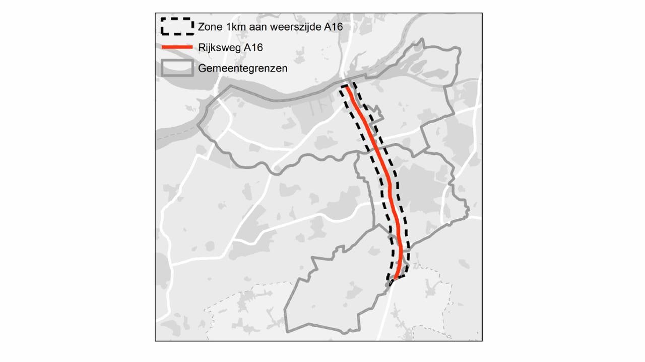 Het gebied langs de A16 waar de windmolens moeten komen