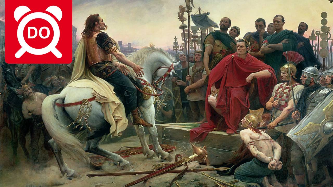 Vercingetorix gooit zijn wapens voor de voeten van Julius Caesar (schilder: Lionel Noel Royer, 1899)
