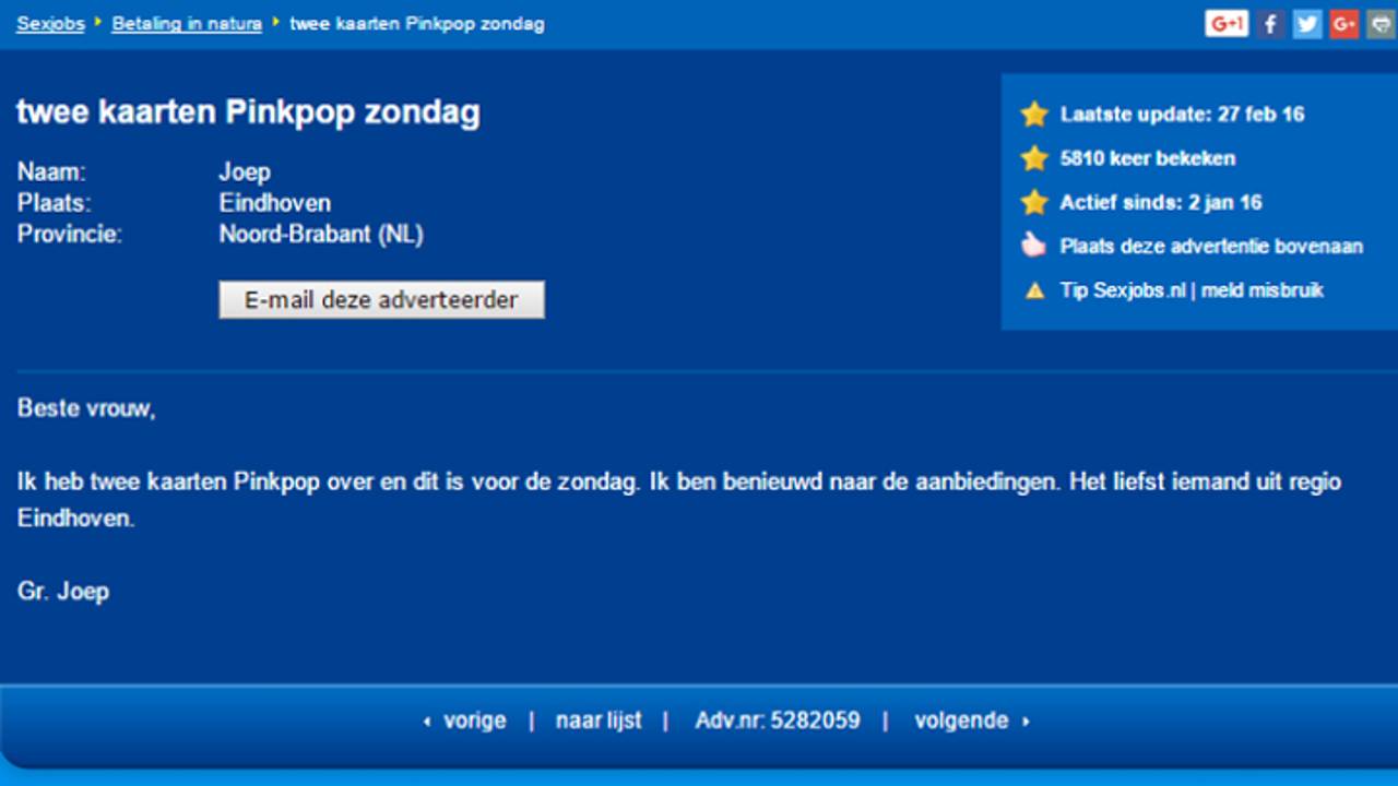 De advertentie (bron: Sexjobs)