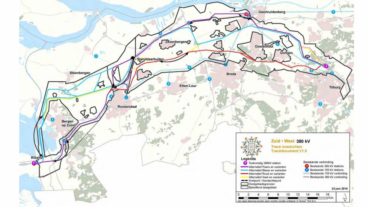 De alternatieve routes die onderzocht worden. (Bron: www.zuid-west380kv.nl)