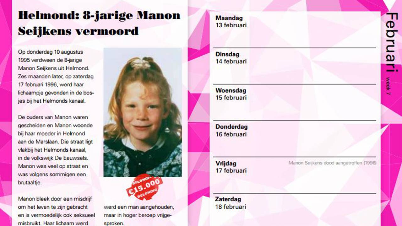 De zaak van Manon Seijkens staat ook op de kalender. (foto: Politie)