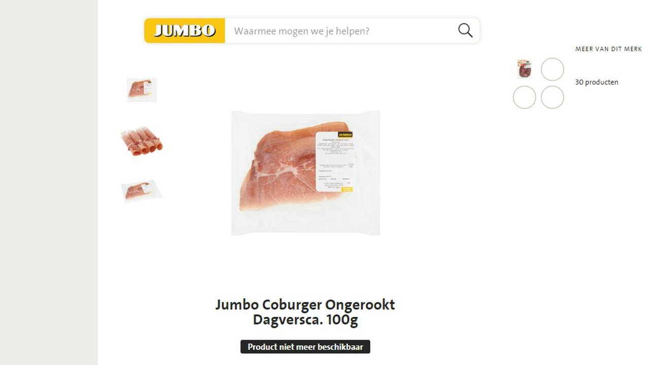 Ongerookte coburgerham (beeld: website Jumbo)
