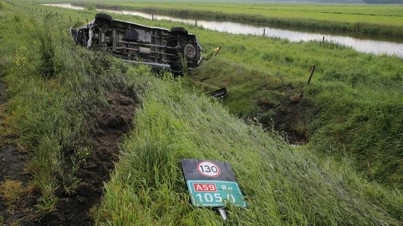 Zwaan steekt A59 bij Raamsdonk over, bestelbus op z’n kant in de sloot (Foto: Marcel van Dorst)