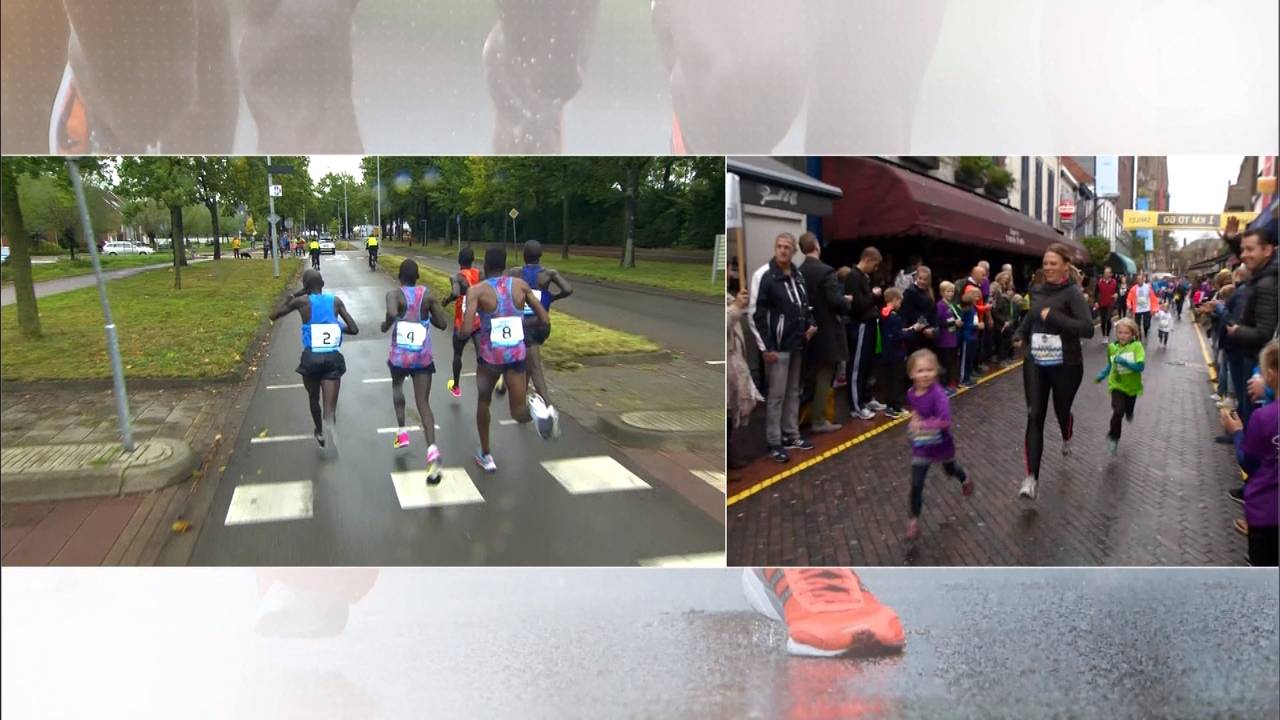 Links de kopgroep van de marathon, rechts de kleintjes