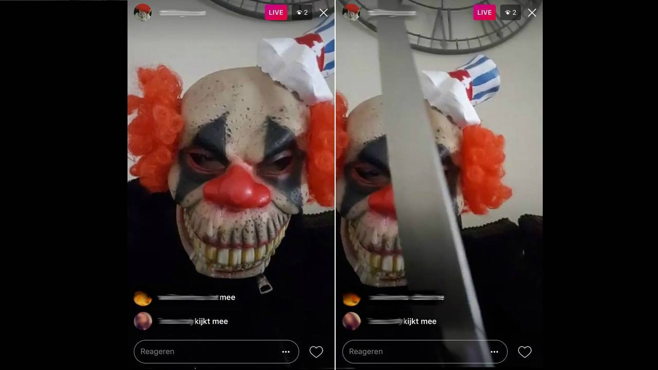 Een 'killerclown' uit Tilburg ging live op Instagram.