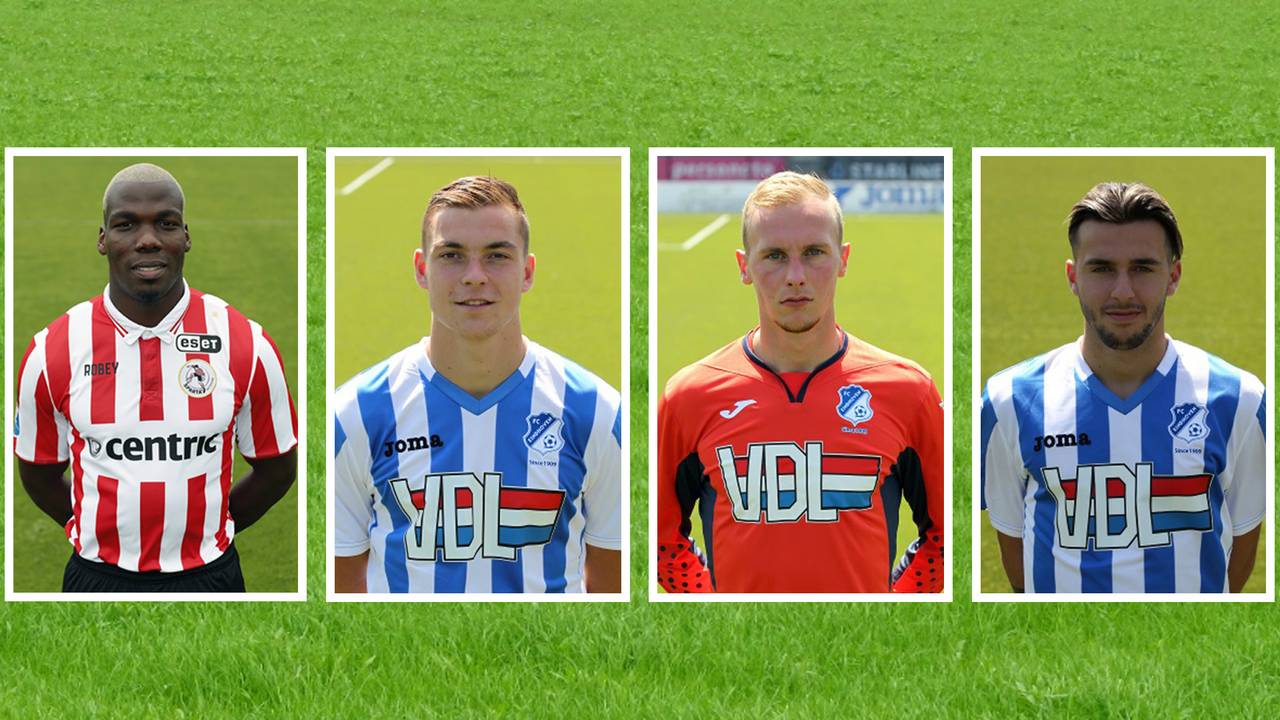 Mathias Pogba (in Sparta-shirt, foto: VI Images), Jarno Janssen, Guy Smit en Alessio Carlone (foto: Johan Manders/FC Eindhoven).