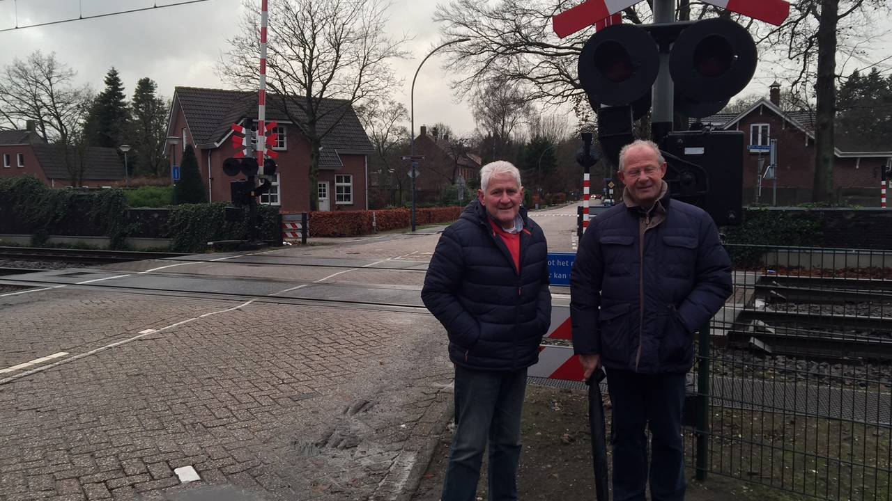 Buurtbewoners Kees van Es en Walter Hoosemans van Gemeentebelangen voor het spoor in Dorst