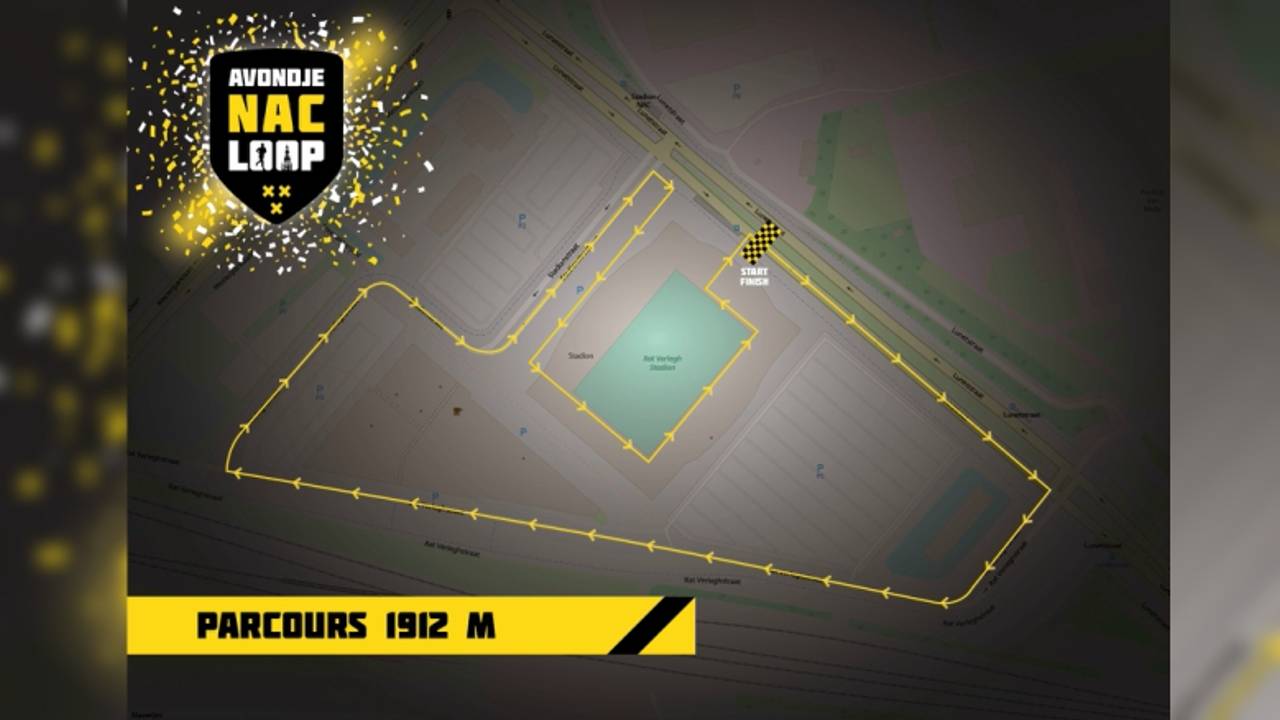 Het parcours van de 1912 meter van het 'Avondje NAC Loop' (afbeelding: Stadium Fun Run).