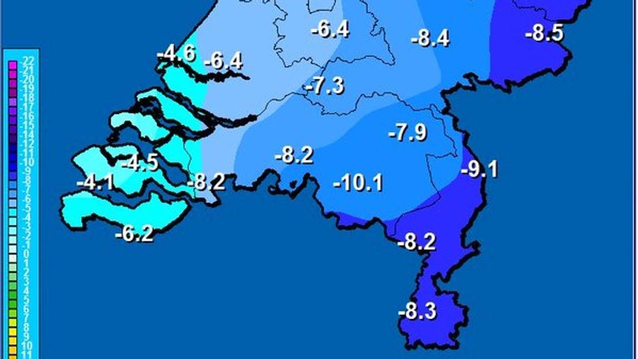 Strenge vorst afgelopen nacht in in Eindhoven, -10.1 graden. (Beeld: MeteoGroup,? Twitter @MeteoGroupWeer