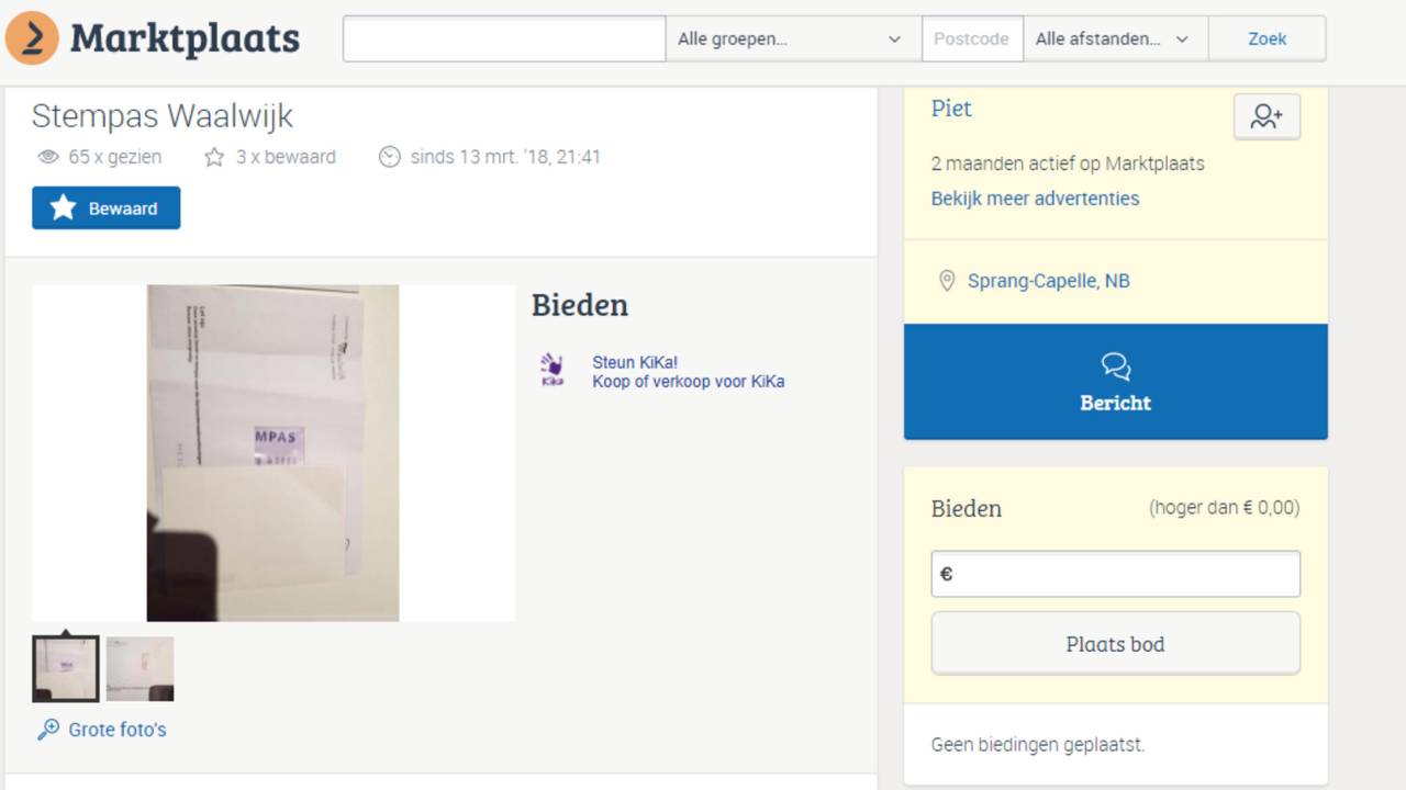 Piet biedt zijn stempas voor de gemeente Waalwijk aan via Marktplaats.