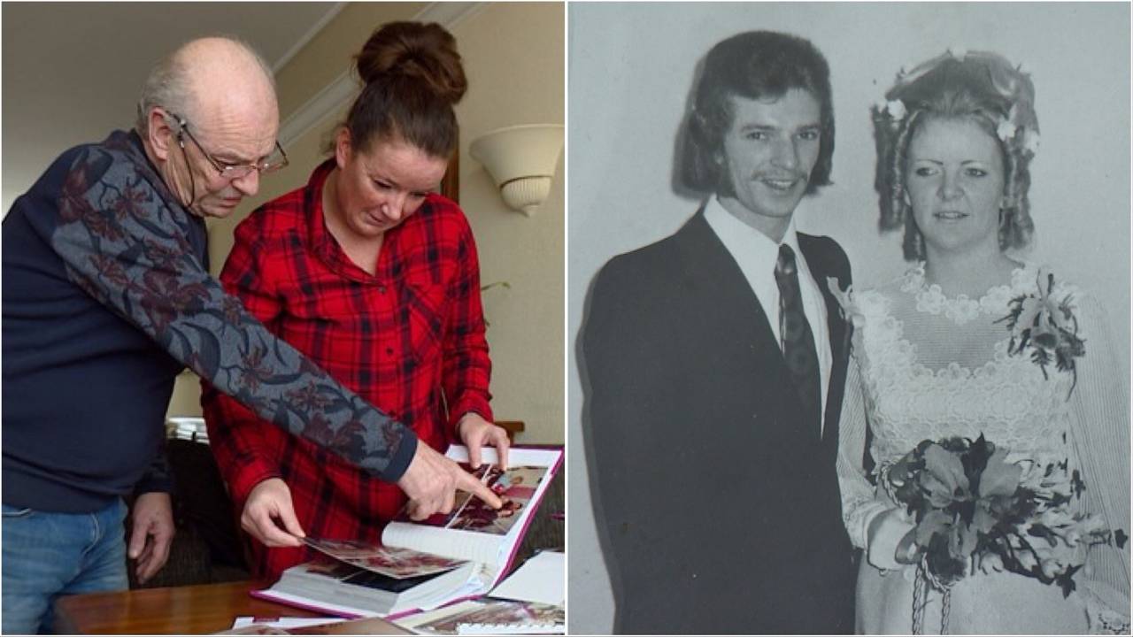 Links: Wim van der Rijk strijdt met dochter Angela uit alle macht om in zijn huis te blijven. Rechts: Trouwfoto van Wim en Cor.