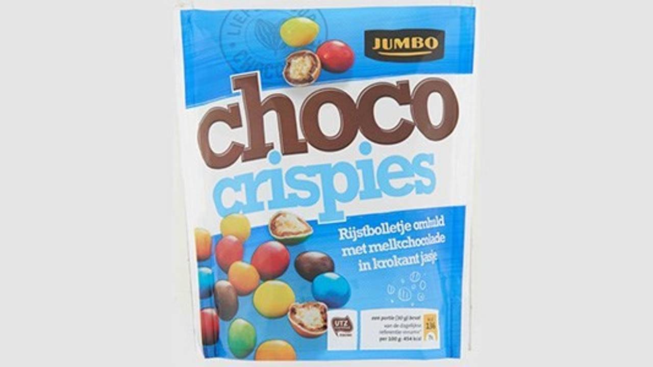 De chocolade crispies zijn vermengd met pinda's. (Beeld: Jumbo)