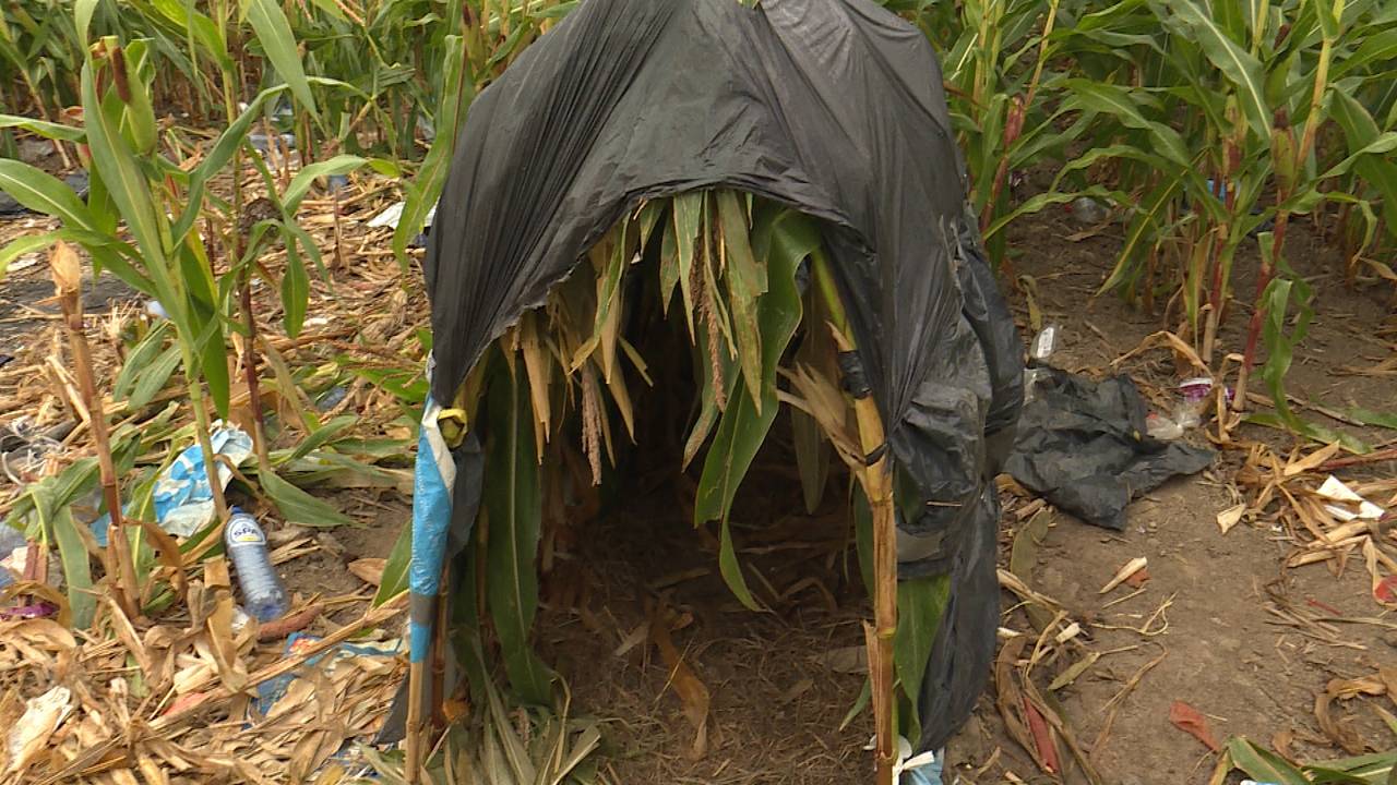 Een zelfgemaakt tentje bij de parkeerplaats in Zevenbergschen Hoek