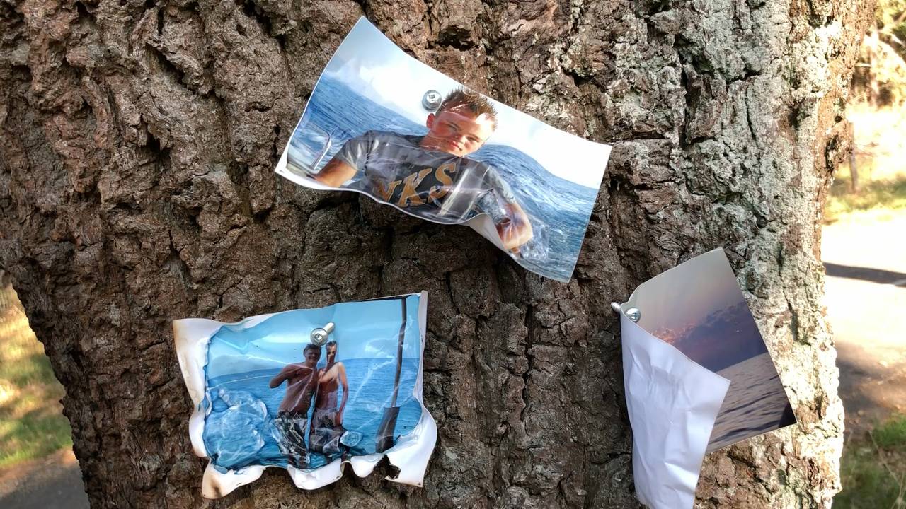 Aan de boom hangen foto's van Jim.