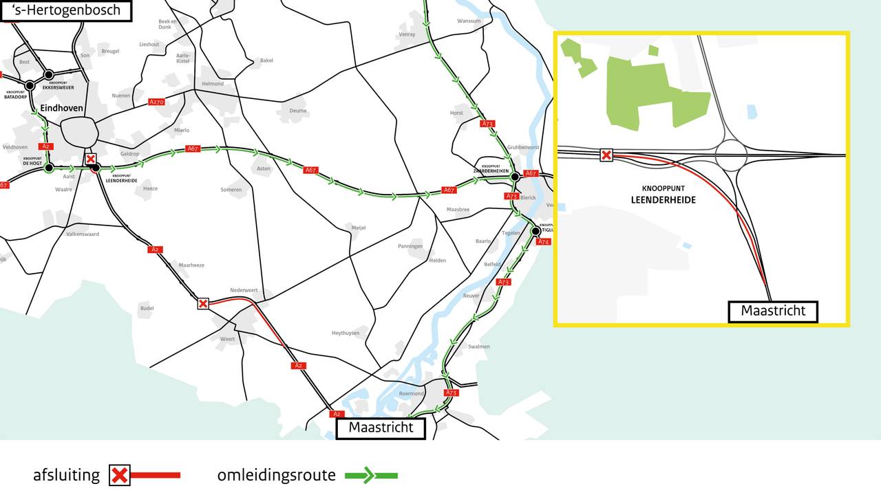De A2 bij knooppunt Leenderheide is dit weekend gedeeltelijk dicht voor werkzaamheden (foto: Rijkswaterstaat)