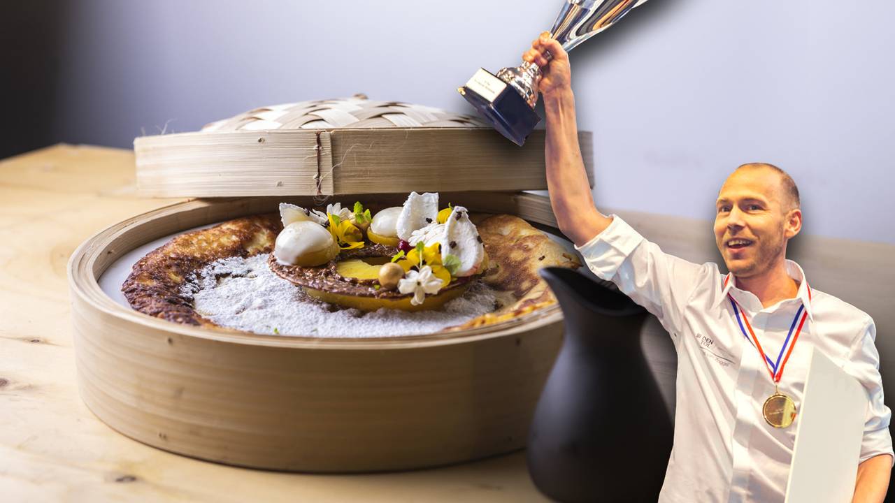 De bakker en zijn creatie, de 'Bali Sunset' (foto: Tamara Verheij).