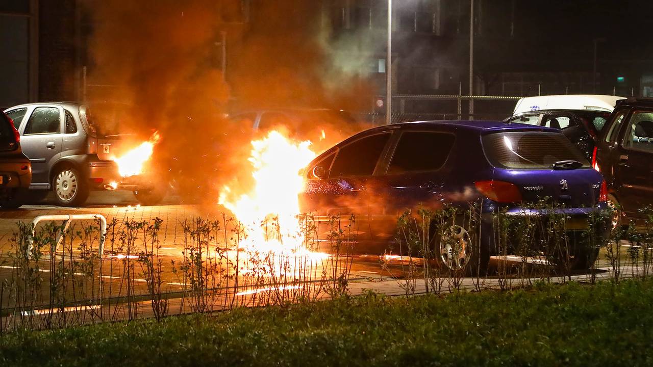 De auto's die zondagnacht in brand vlogen in Oss (Foto: Gabor Heeres/SQ Vision Mediaprodukties).