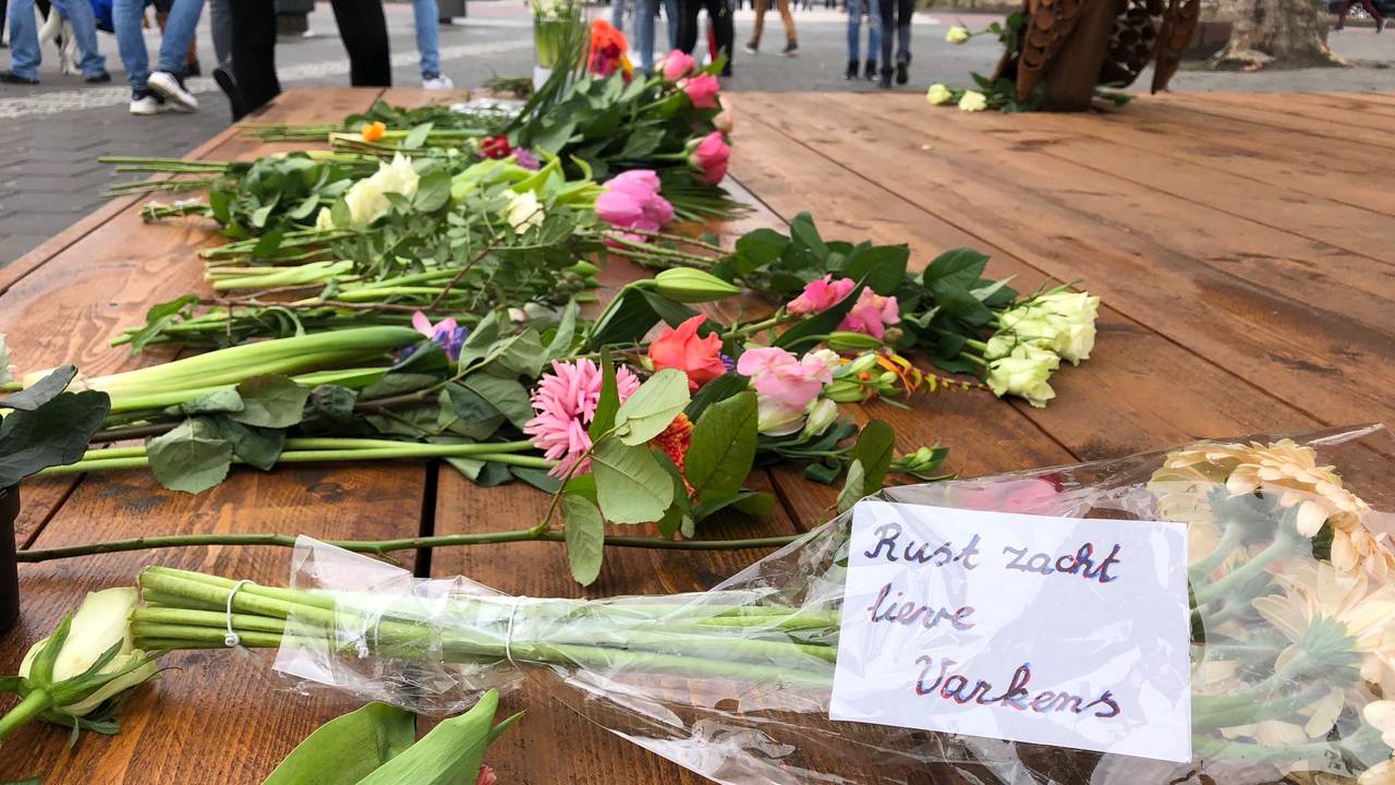 Zo'n veertig mensen legden bloemen bij  het tijdelijke kunstewerk van een varken om de omgekomen 2500  dieren bij een stalbrand in Biezenmortel te herdenken