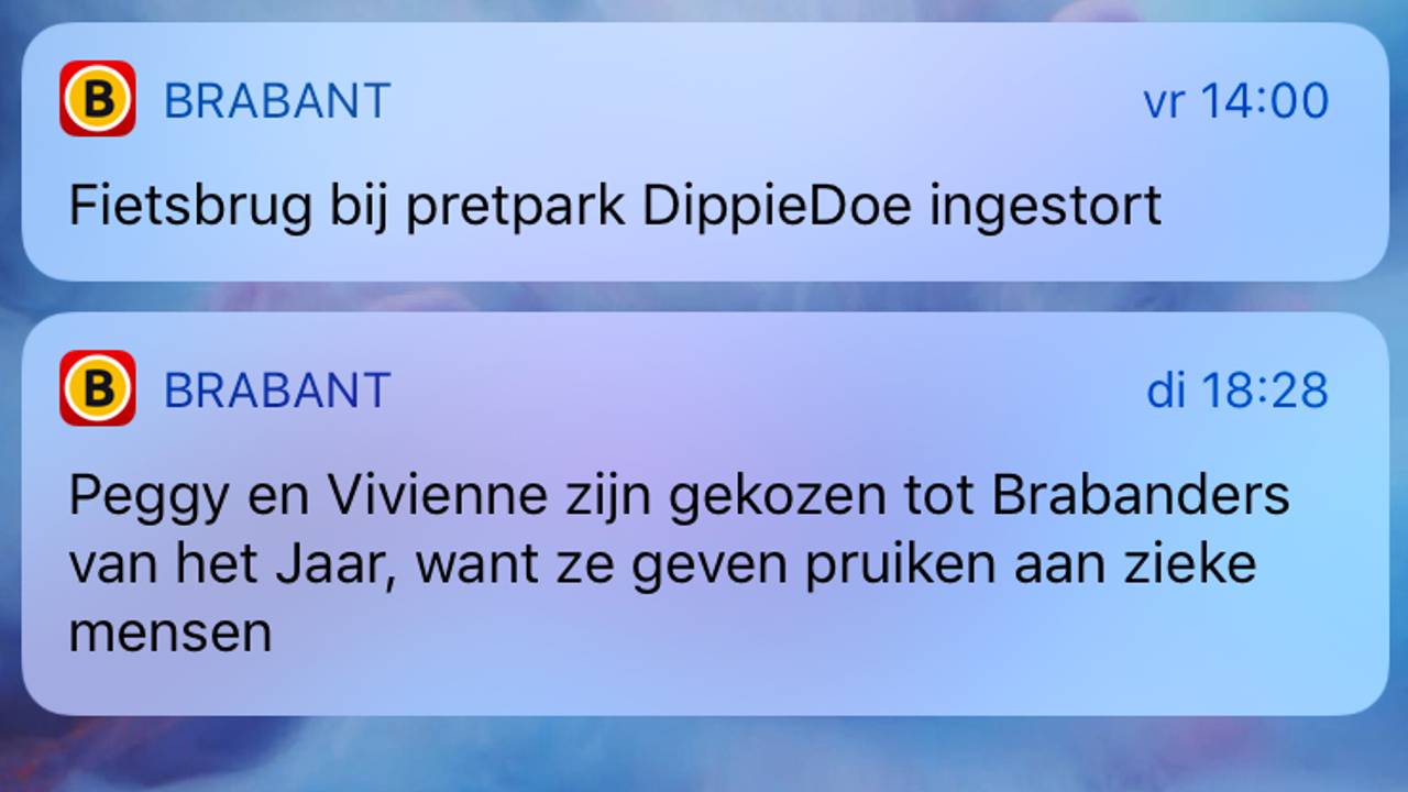 Twee pushmeldingen van Omroep Brabant in 2018