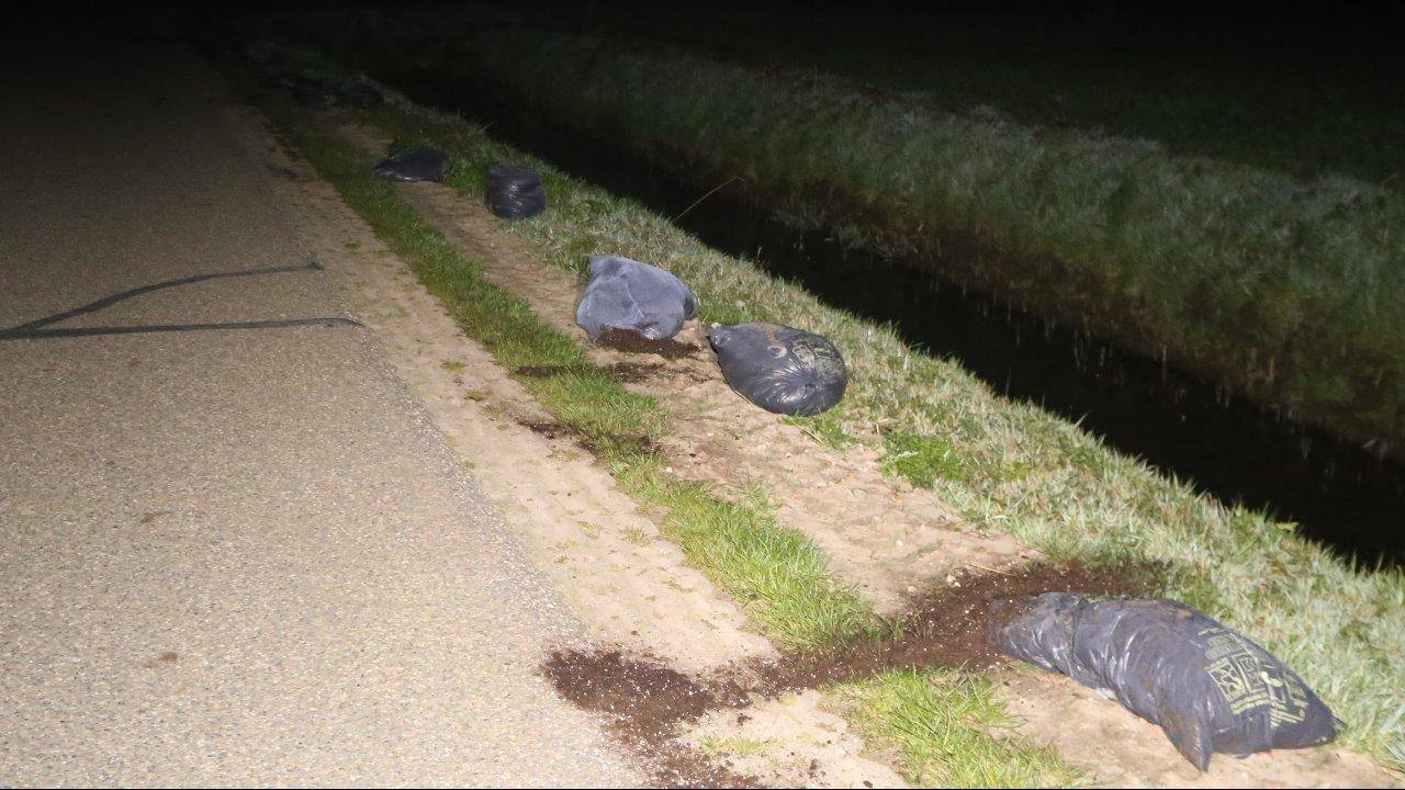 De zakken hennepafval lagen over een afstand van meer dan een kilometer verspreid. (Foto: Bart Meesters)