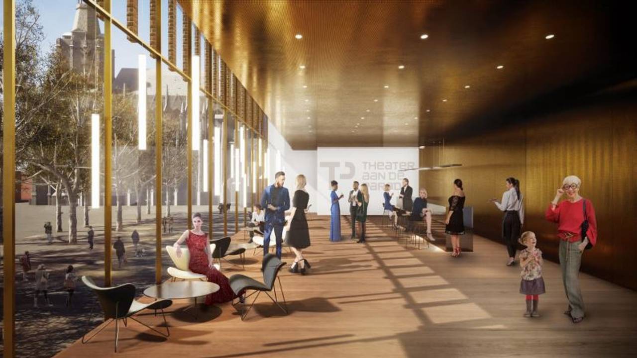 Het uitzicht op de Parade vanuit de nieuwe schouwburg op een schets van NOAHH.