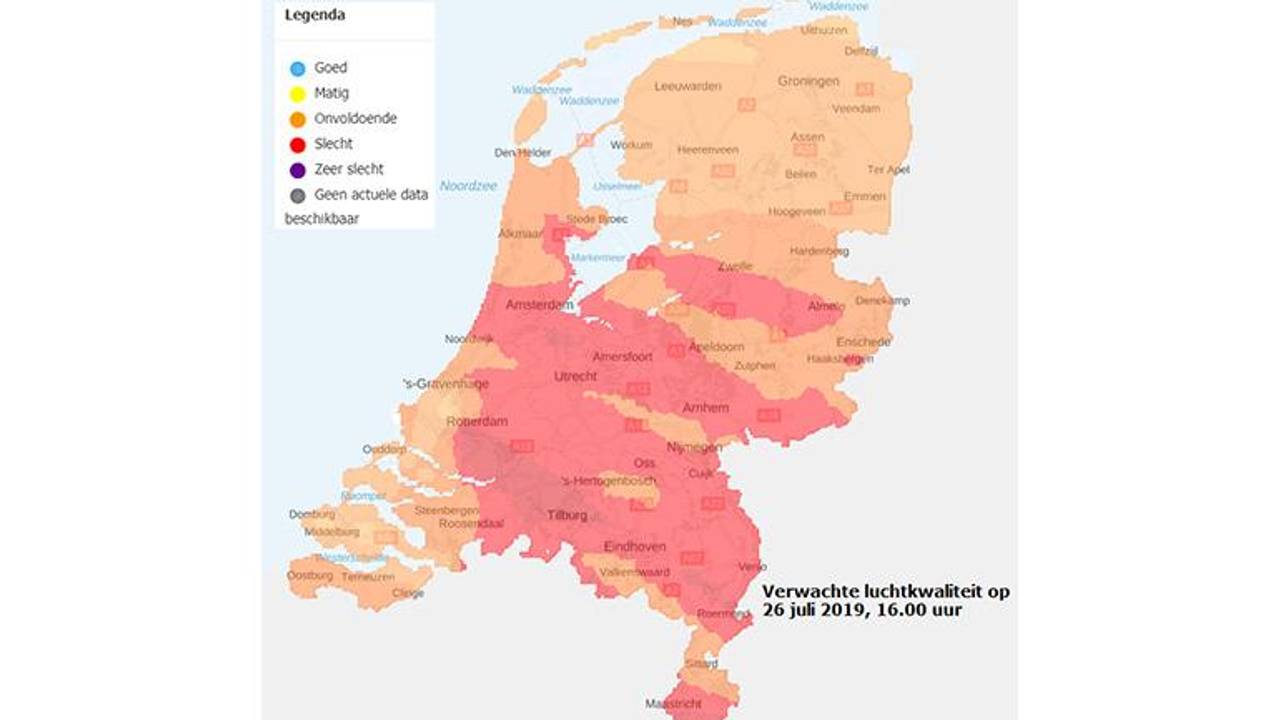 Het smogalarm geldt voor grote delen van Brabant (kaartje: RIVM)