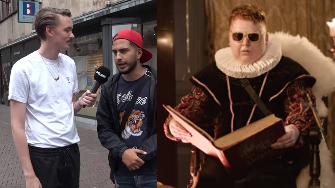 Bram (l) tijdens een interview op straat, rechts een voorlezende Yordi (foto: Bram in de Buurt/YouTube)