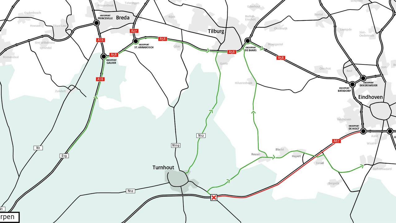 De afsluiting van de A67 en de omleidingsroutes (kaartje: Rijkswaterstaat).