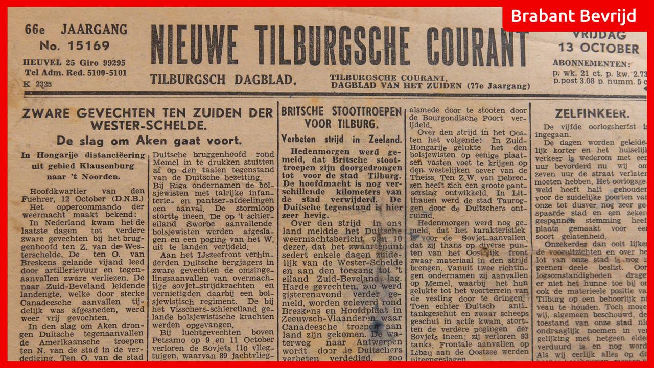 Britse stoottroepen op weg naar Tilburg, meldt Nieuwe Tilburgsche Courant op 13 oktober 1944.