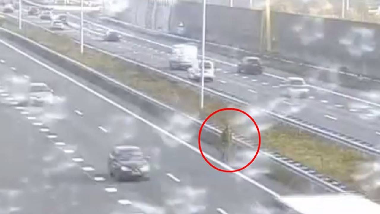 Een man steekt de A59 over bij Rosmalen (foto: Rijkswaterstaat).