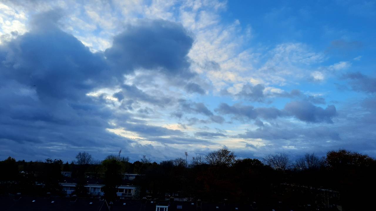 Zeer zacht en buiig novemberweer met veel wind in Waalwijk  (foto: Martha Kivits).