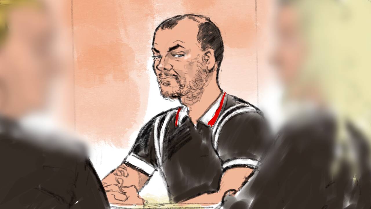 Nicky S. onlangs op de tussentijdse zitting in Breda (tekening: Aloys Oosterwijk/ANP)